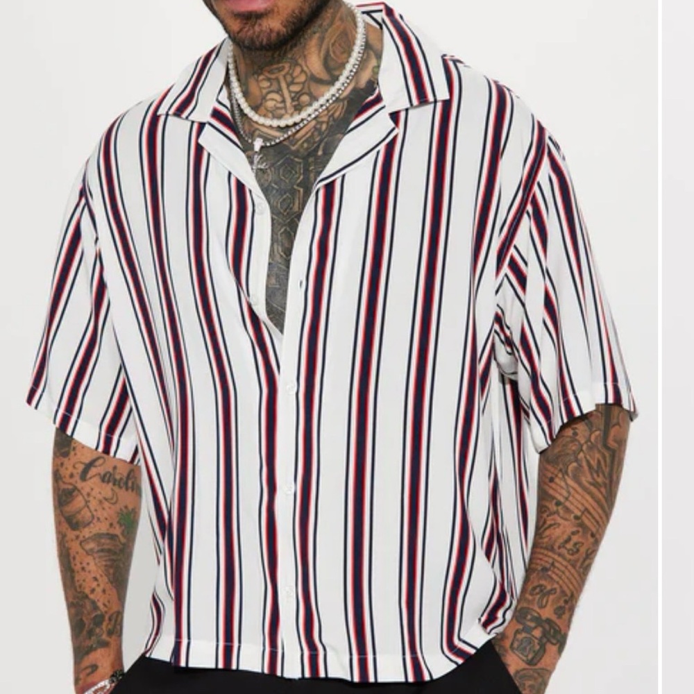 Brick Stripe Short Sleeve Button Up - White